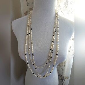 Freshwater Pearl Onyx Crystal Gold Black Aurora Borealis Bead Set Of 3 Necklaces